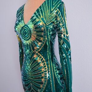 Green Sequin Midi Cocktail Evening Gown Party Dress L 10 Wicked Elphaba Vibes